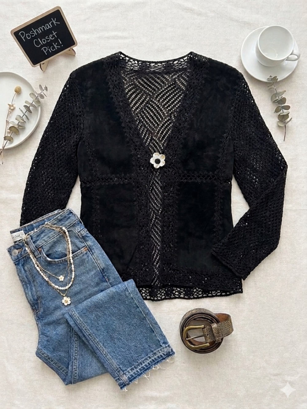 ✨ Rare Vintage Central Falls Suede & Crochet Cardigan ✨